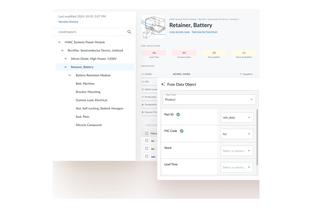 Defense inventory management application showing component details and hierarchical navigation screen